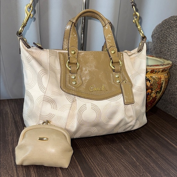 Coach Handbags - Coach Cream and Tan Signature Shoulder Bag with Coin Pouch